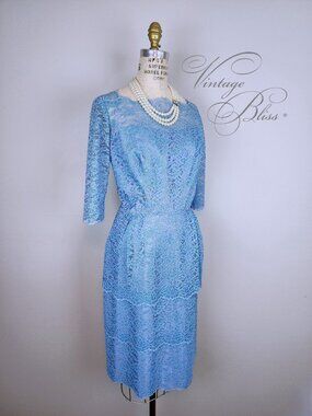 Vintage 1950's Tiered Blue Lace Dress Sabrina Neckline by Designer Sylvia Ann